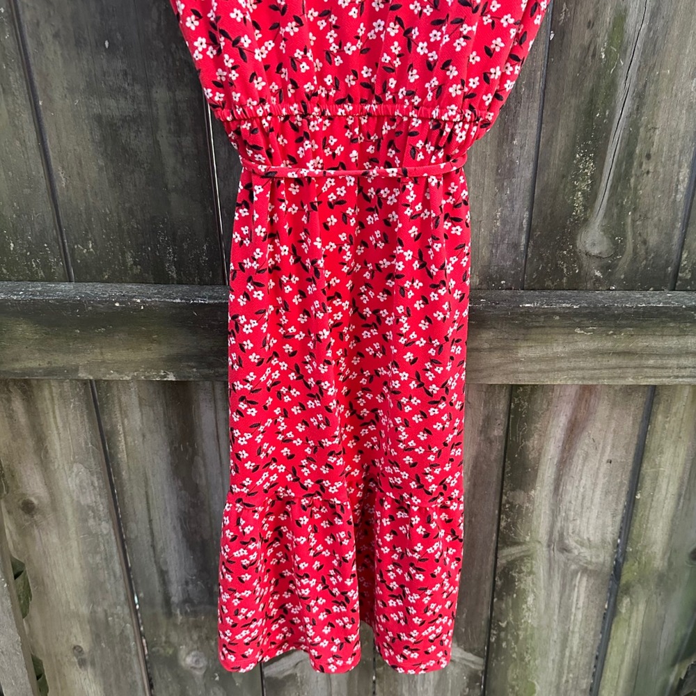 Banana Republic Red Ditsy Floral Short Sleeve Ruffle Midi Dress Tie Sz Medium - Picture 8 of 10